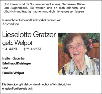 Traueranzeige von Lieselotte Grauer von vrm-trauer