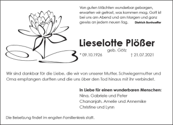 Traueranzeige von Lieselotte Plößer von vrm-trauer