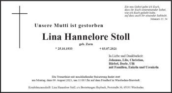 Traueranzeige von Lina Hannelore Stoll von vrm-trauer