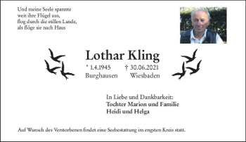 Traueranzeige von Lothar Kling von vrm-trauer