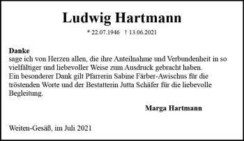 Traueranzeige von Ludwig Hartmann von vrm-trauer