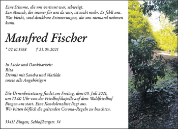Traueranzeige von Manfred Fischer von vrm-trauer