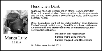 Traueranzeige von Marga Lutz von vrm-trauer