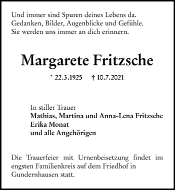 Traueranzeige von Margarete Fritzsche von vrm-trauer