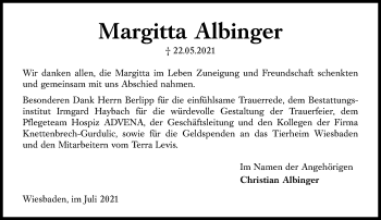 Traueranzeige von Margitta Albfinger von vrm-trauer
