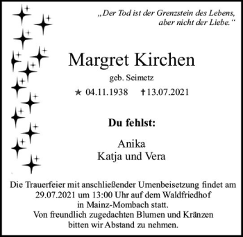 Traueranzeige von Margret Kirchen von vrm-trauer