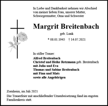 Traueranzeige von Margrit Breitenbach von vrm-trauer