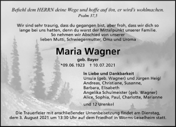 Traueranzeige von Maria Wagner von vrm-trauer