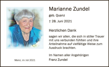 Traueranzeige von Marianne Zundel von vrm-trauer