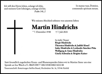 Traueranzeige von Martin Hindrichs von vrm-trauer