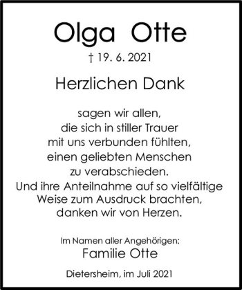 Traueranzeige von Olga Otte von vrm-trauer