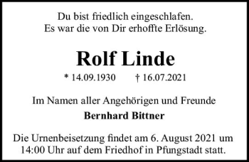 Traueranzeige von Rolf Linde von vrm-trauer
