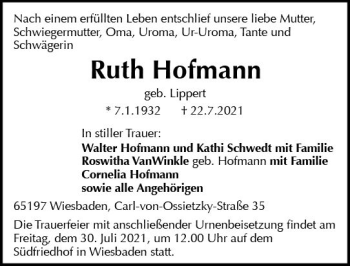Traueranzeige von Ruth Hofmann von vrm-trauer