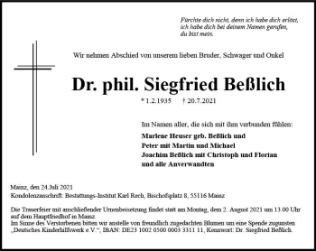 Traueranzeige von Siegfried Beßlich von vrm-trauer