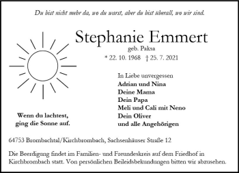 Traueranzeige von Stephanie Emmert von vrm-trauer