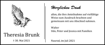 Traueranzeige von Theresia Brunk von vrm-trauer