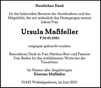 Traueranzeige von Ursula Maßfeller von vrm-trauer