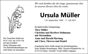 Traueranzeige von Ursula Müller von vrm-trauer