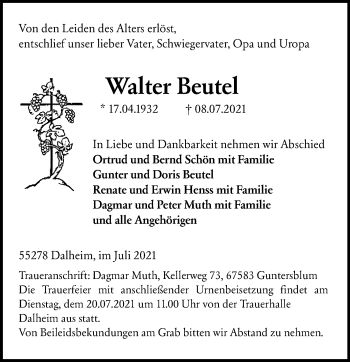 Traueranzeige von Walter Beutel von vrm-trauer