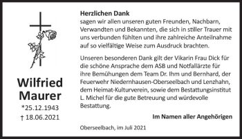 Traueranzeige von Wilfried Maurer von vrm-trauer