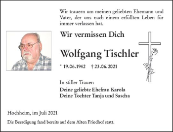 Traueranzeige von Wolfgang Tischler von vrm-trauer