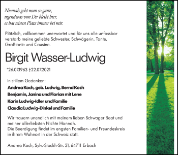 Traueranzeige von Birgit Wasser-Ludwig 