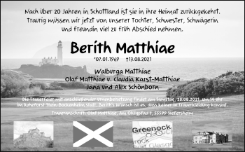 Traueranzeige von Berith Matthiae von VRM Tageszeitungen