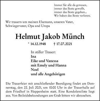 Traueranzeige von Helmut Jakob Münch von VRM Tageszeitungen