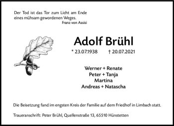 Traueranzeige von Adolf Brühl von vrm-trauer