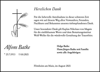 Traueranzeige von Alfons Batke von vrm-trauer