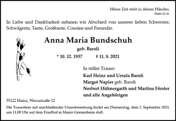 Traueranzeige von Anna Maria Bundschuh von vrm-trauer