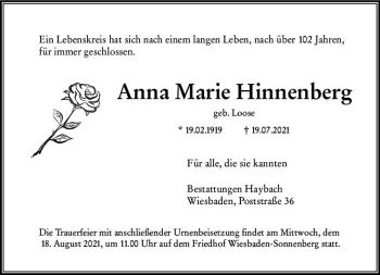 Traueranzeige von Anna Marie Hinnenberg von vrm-trauer