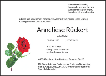 Traueranzeige von Anneliese Rückert von vrm-trauer