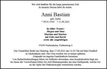 Traueranzeige von Anni Bastian von vrm-trauer