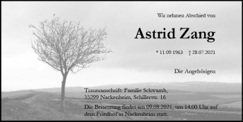 Traueranzeige von Astrid Zang von vrm-trauer