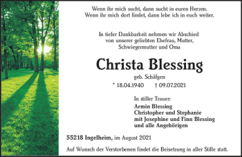 Traueranzeige von Christa Blessing von vrm-trauer
