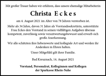 Traueranzeige von Christa Eckes von vrm-trauer