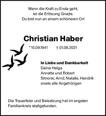 Traueranzeige von Christian Haber von vrm-trauer