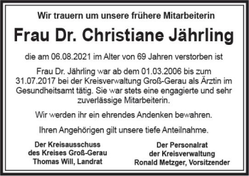 Traueranzeige von Christiane Jährling von vrm-trauer