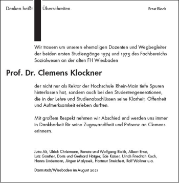 Traueranzeige von Clemens Klockner von vrm-trauer