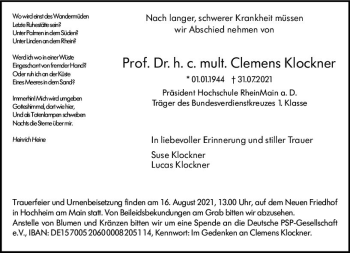 Traueranzeige von Clemens Klockner von vrm-trauer