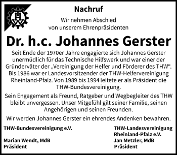 Traueranzeige von Johannes Gerster von VRM Tageszeitungen
