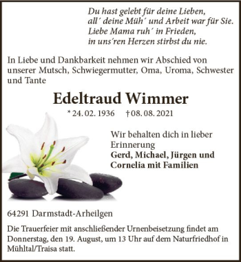 Traueranzeige von Edeltraud Wimmer von vrm-trauer