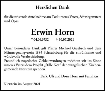 Traueranzeige von Erwin Horn von vrm-trauer