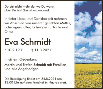 Traueranzeige von Eva Schmidt von vrm-trauer