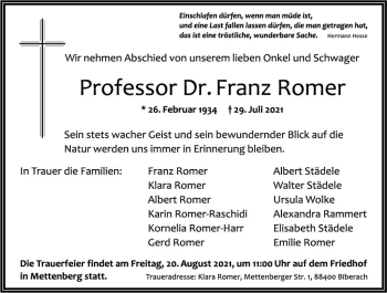 Traueranzeige von Franz Romer von vrm-trauer