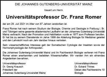 Traueranzeige von Franz Romer von vrm-trauer