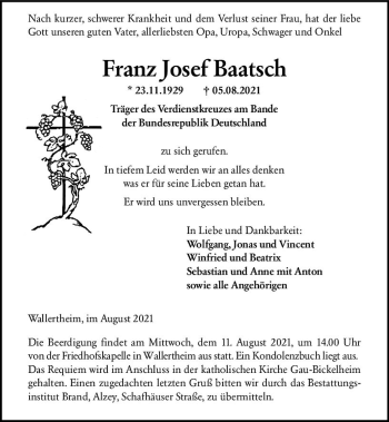 Traueranzeige von Franz Josef Baatsch von vrm-trauer
