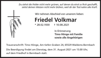 Traueranzeige von Friedel Volkmar von vrm-trauer