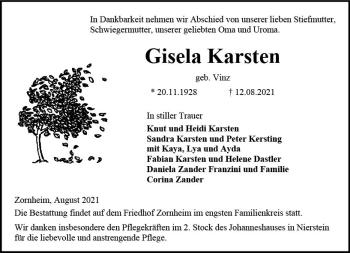 Traueranzeige von Gisela Karsten von vrm-trauer